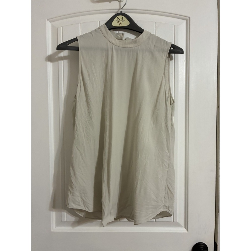 Eileen Fisher Collared Sleeveless Crepe Shift Blouse Bone Ivory Size Large
